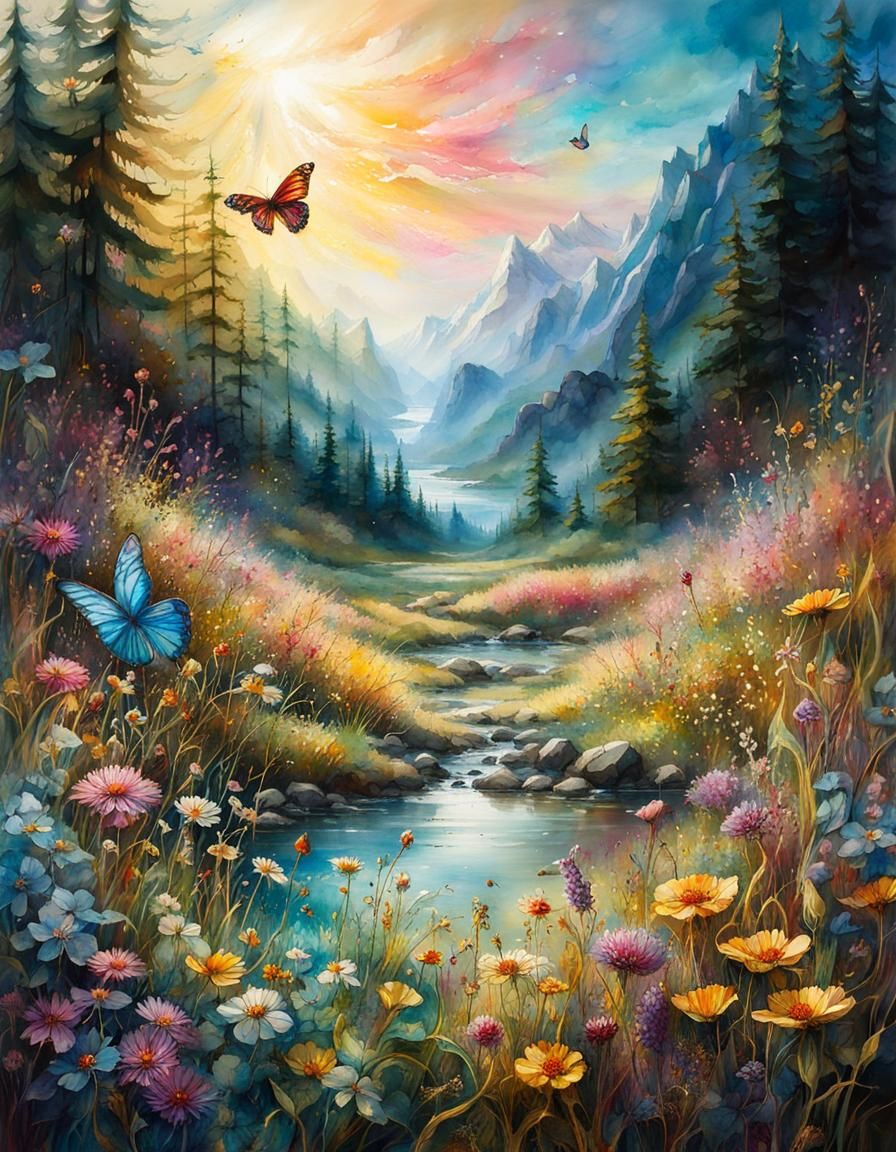 Flower Meadow Fantasy Landscape in Digital Watercolor