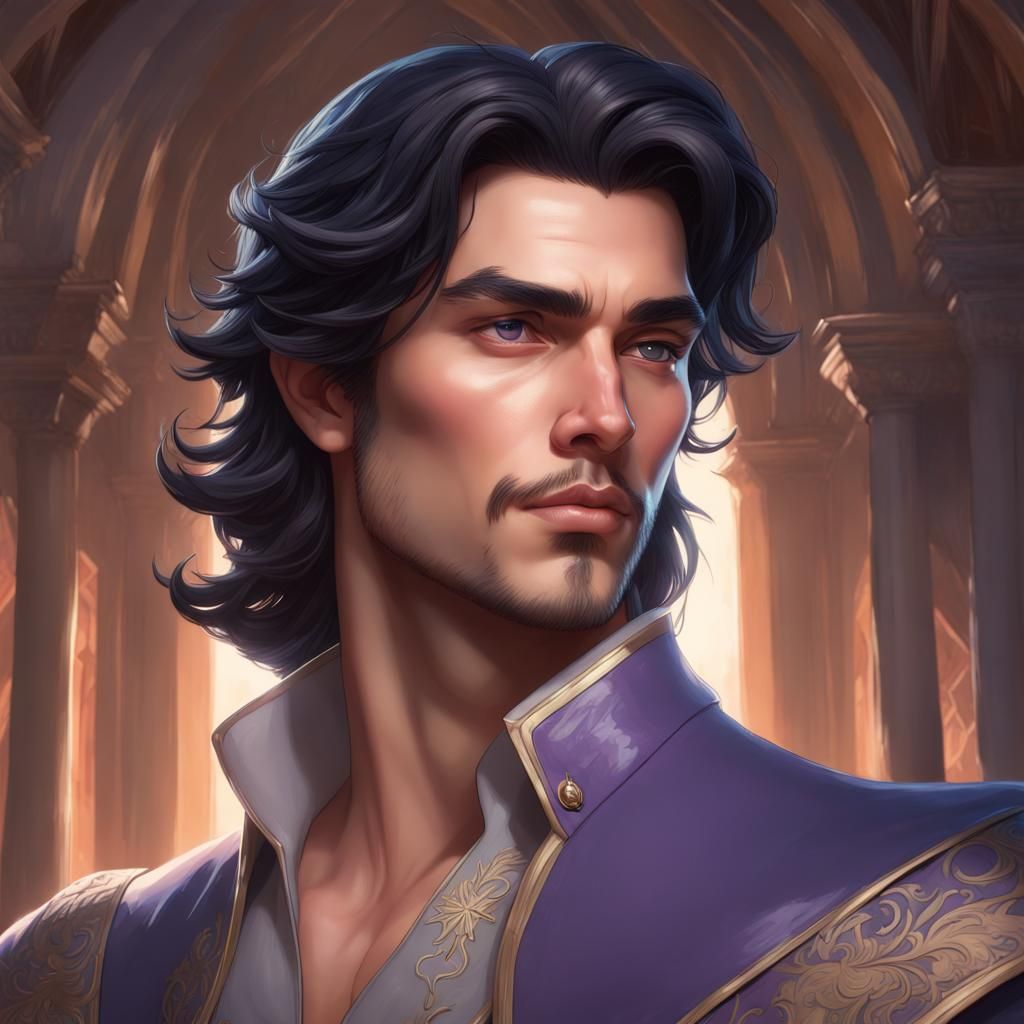 Dark-Haired Prince Portrait in Hyperdetailed Digital Art Sty...
