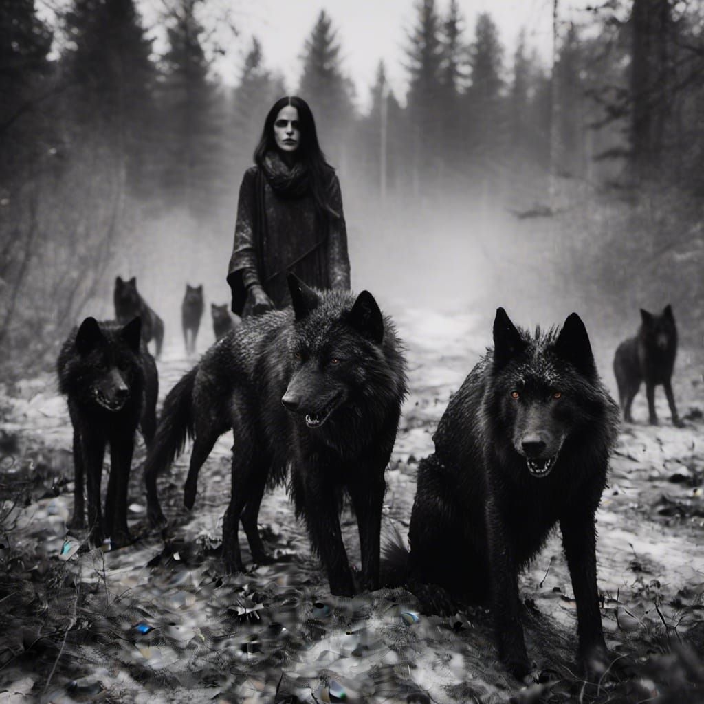 Wolves and Woman in Monochrome Photography