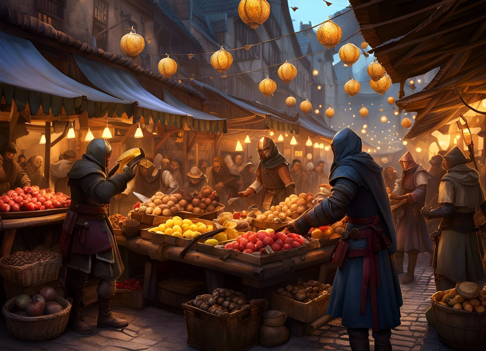 Medieval Night Market Brawl in Fantasycore Style