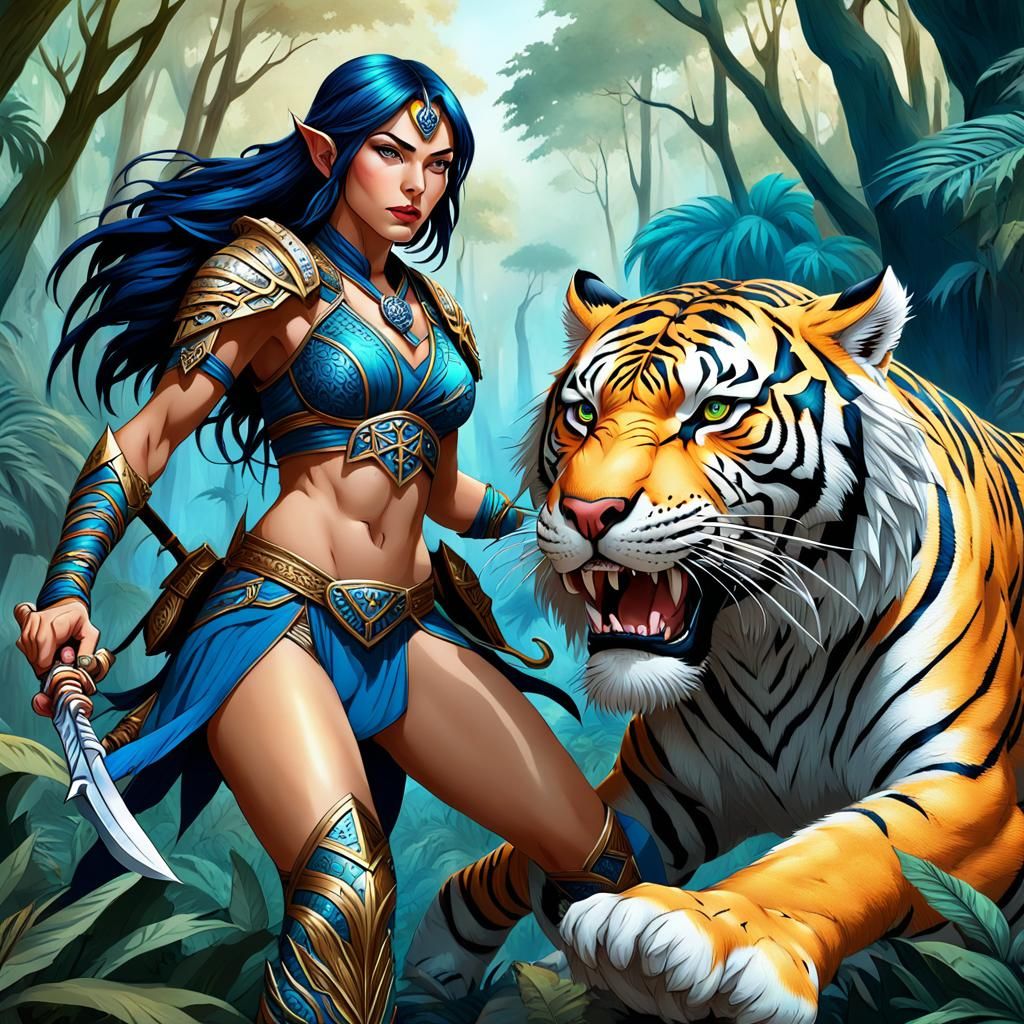 Elven Ranger and Saber-Toothed Tiger Jungle Battle