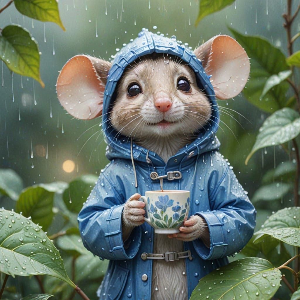 Cute Mouse Sipping Tea in the Rain, Watercolor Style