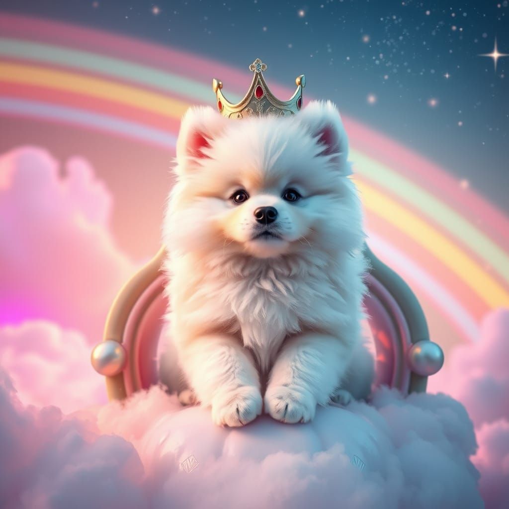 Crowned Samoyed Puppy on Cloudy Throne: 8K CGI Rendering