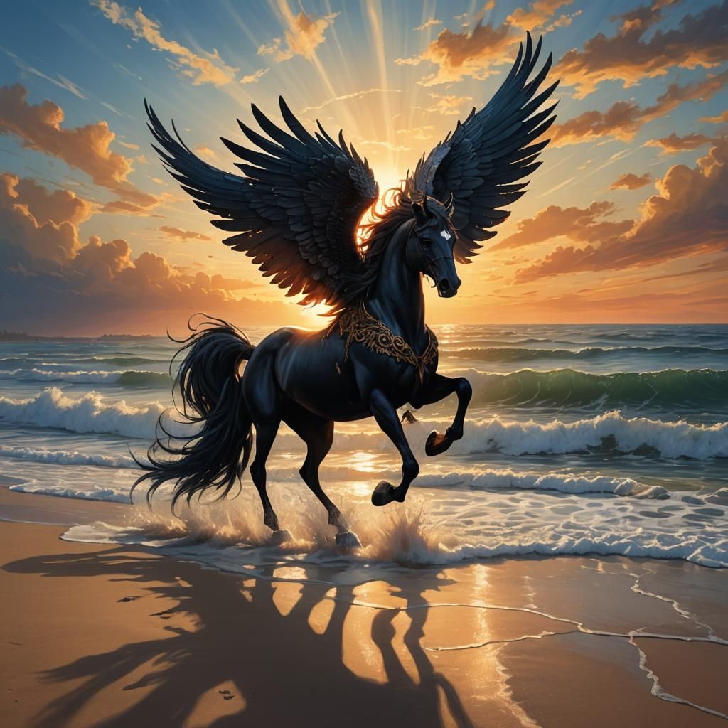 Majestic Black Pegasus on Beach at Sunset