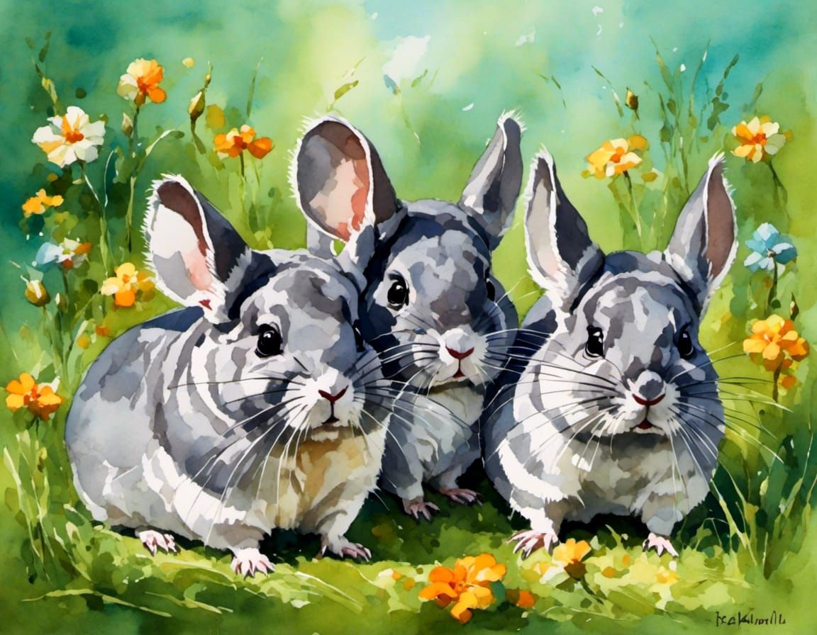 summer chinchillas on a green lawn