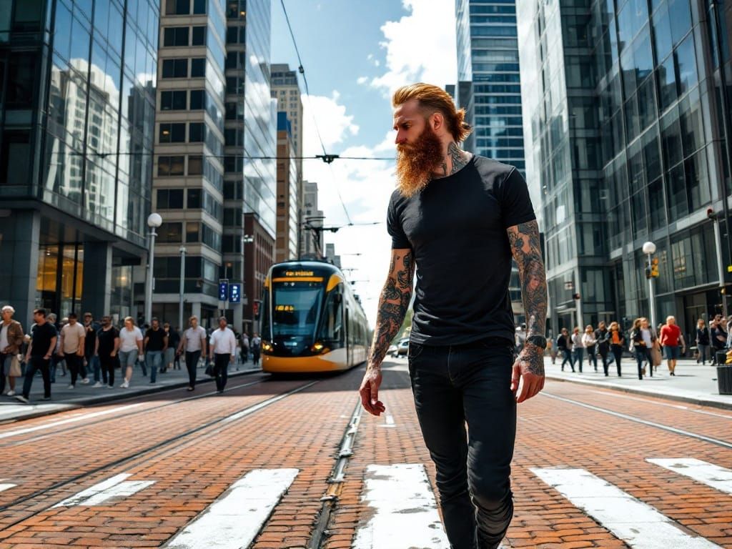 Confident Man Walking in Urban Landscape, Realistic Lighting