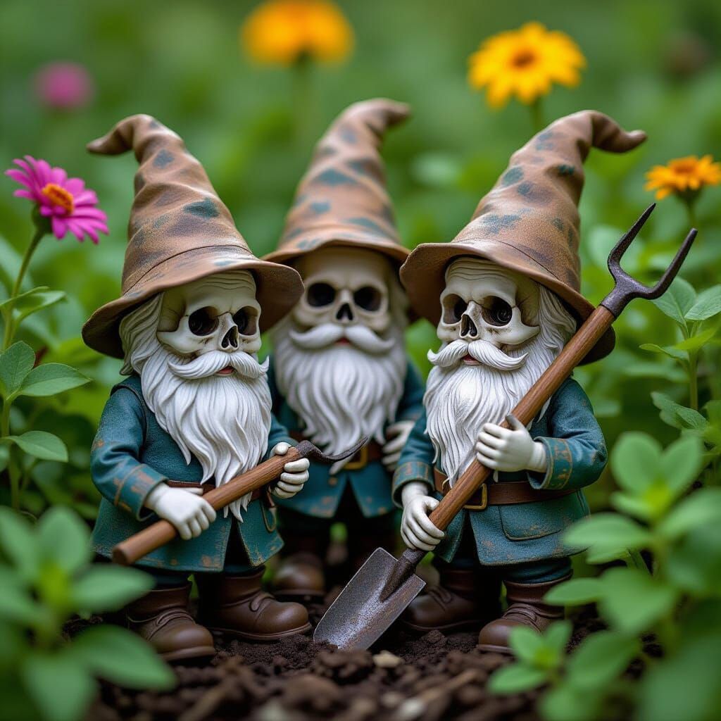 Photorealistic Skeleton Garden Gnomes in Dark Fantasy Style