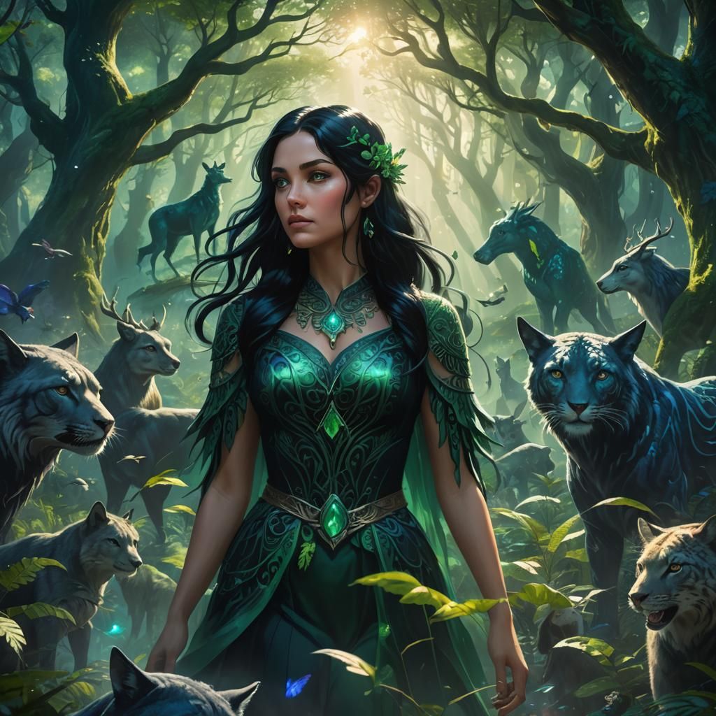 Enchanting Forest Girl Surrounded by Magical Animals