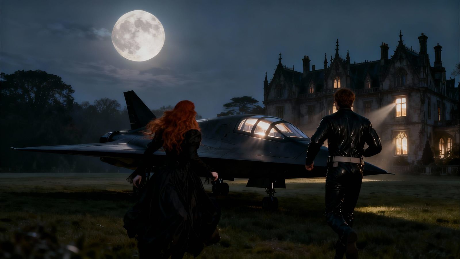 Vampire and Human Rush to Stealth Starship Under Full Moon