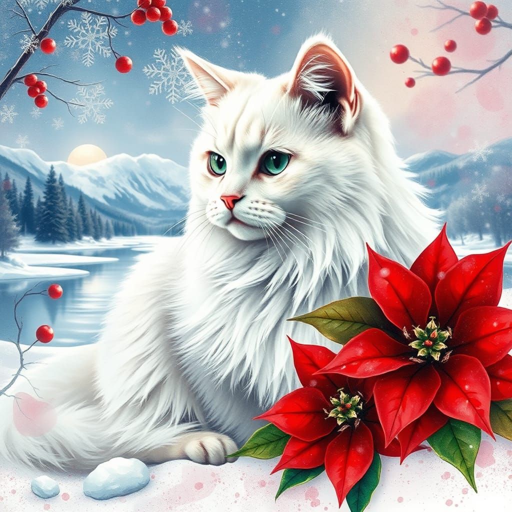 Winter Cat with Poinsettia in Watercolor Style