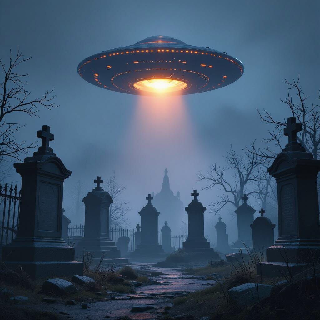 UFO over Foggy Cemetery in Matte Painting Style