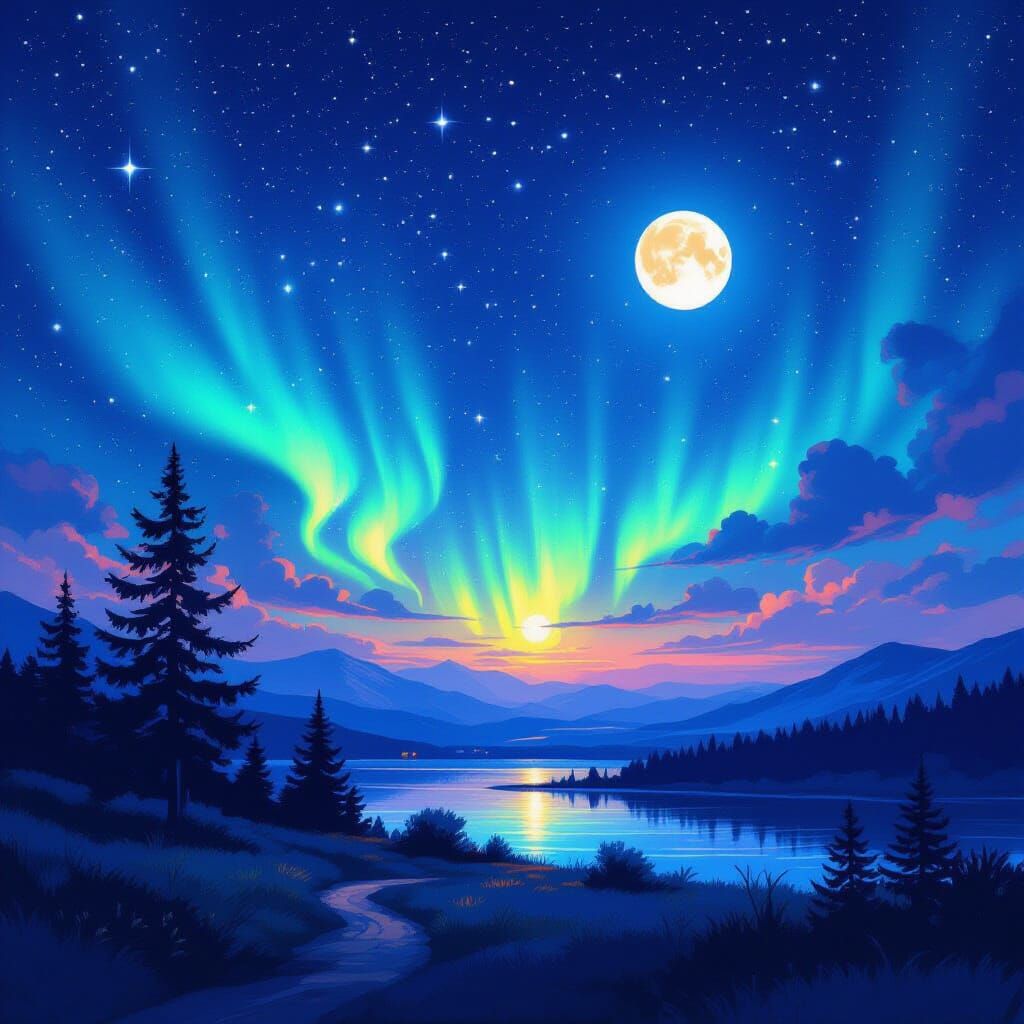 Starry Night Sky with Aurora Borealis as Digital Art