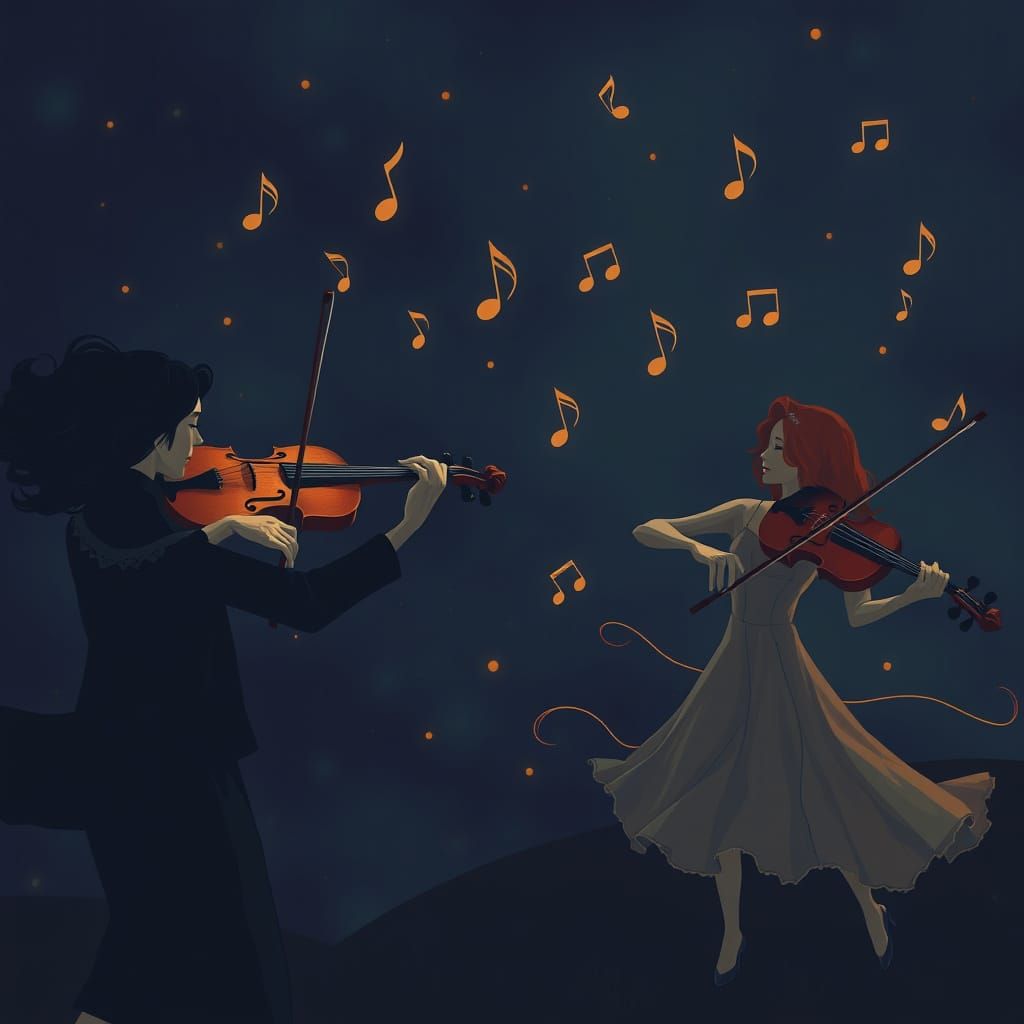Violins Dancing Under Starry Night Sky