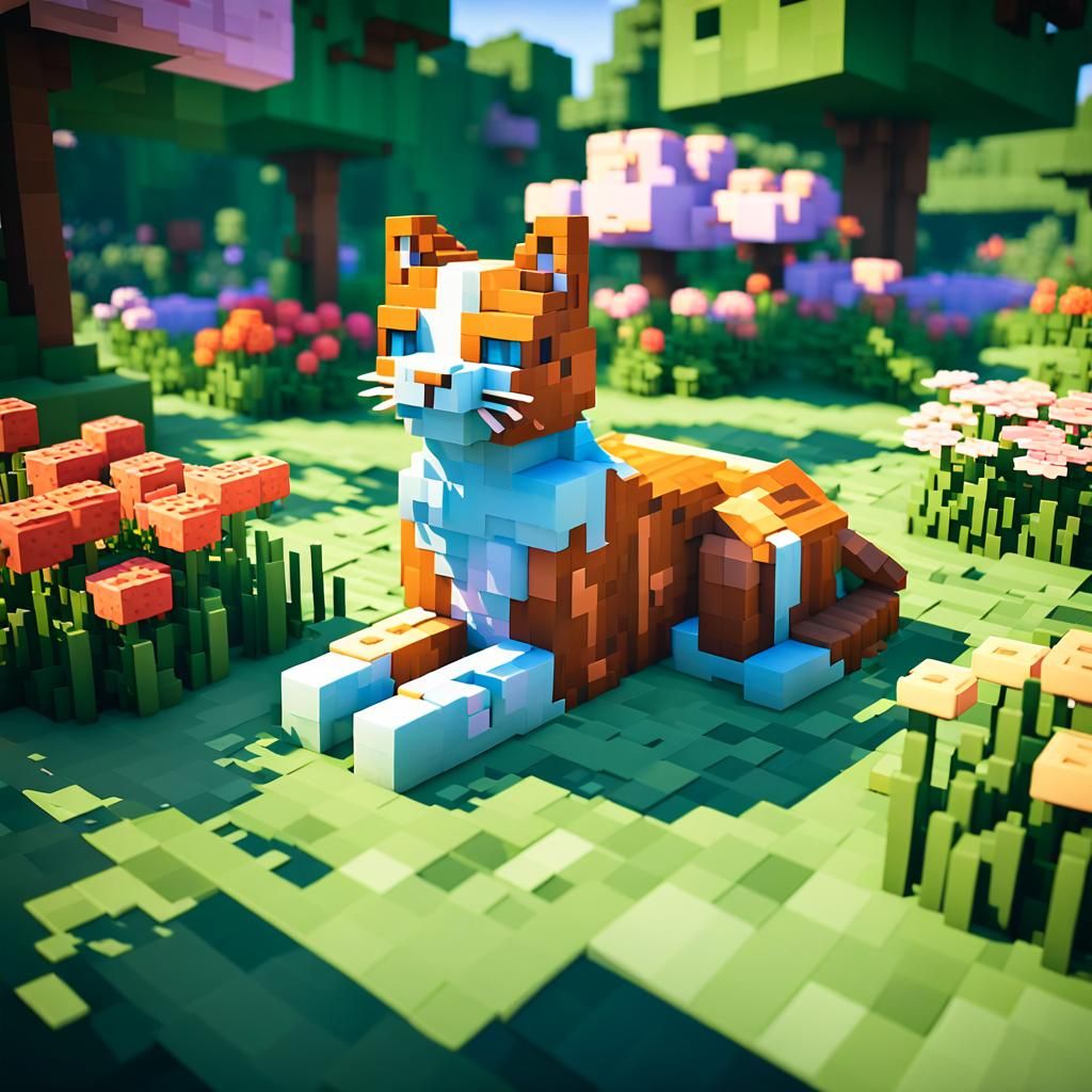 Ginger Voxel Cat Sleeping in Minecraft Garden