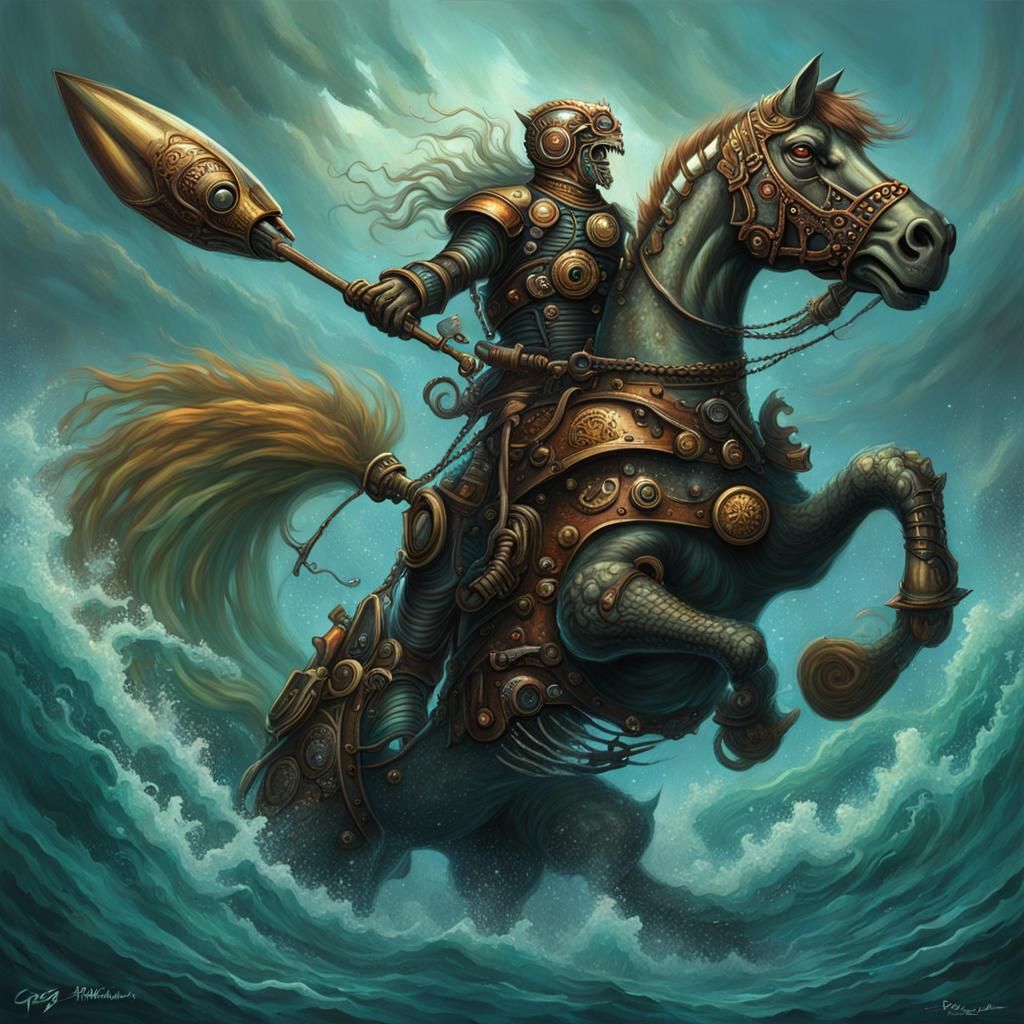 Steampunk Merman Riding Clockwork Hippocampus