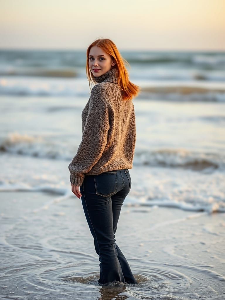 Scandinavian Woman Stands Confidently on the Beach