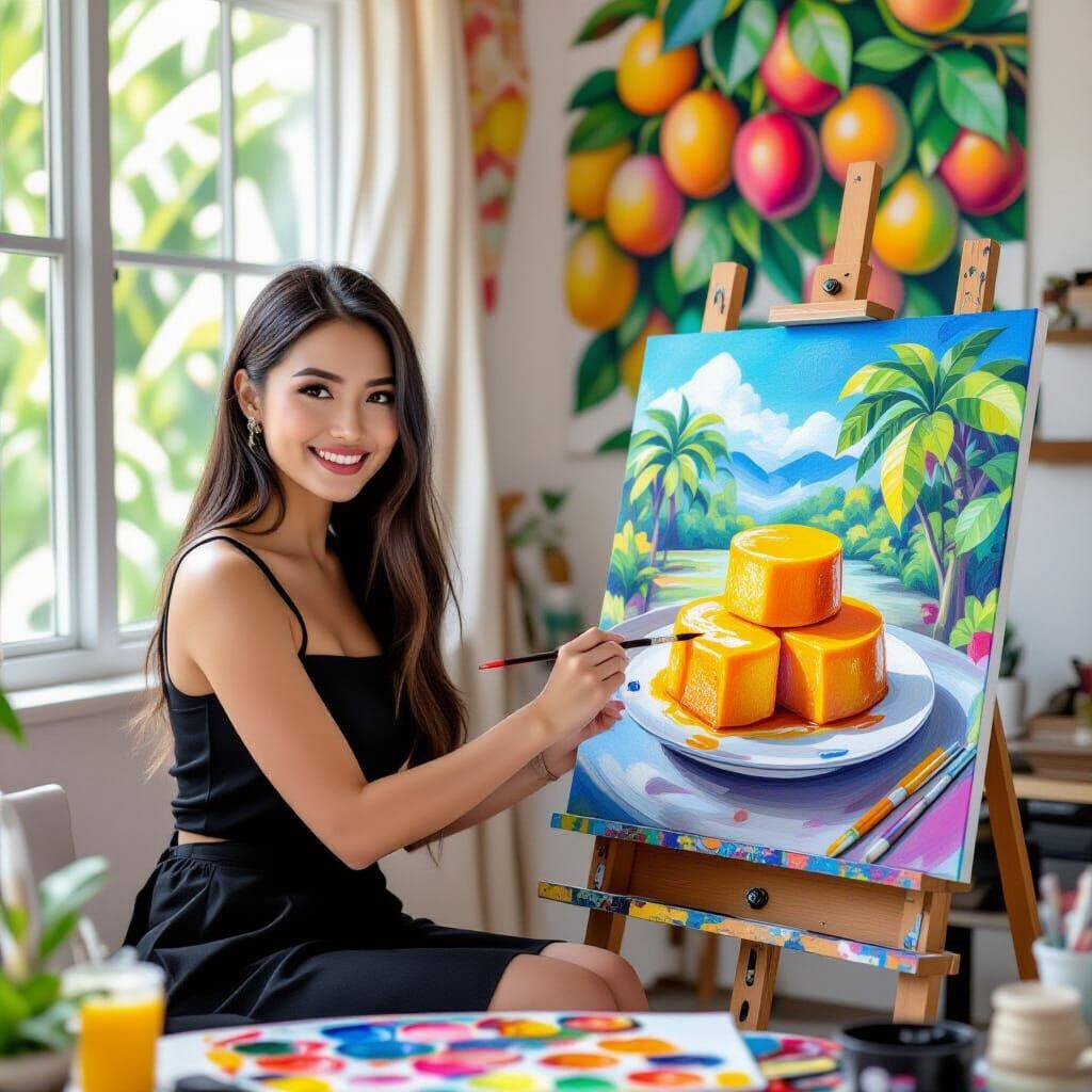 Thai Artist's Vivid Crayon Painting of Mango Sticky Rice