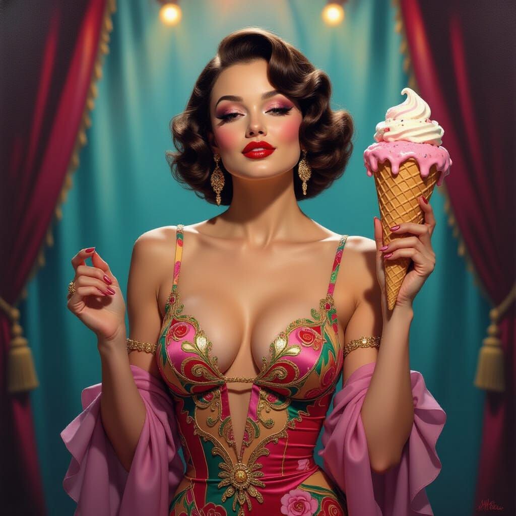 Cabaret Dancer with Ice Cream, Hyperrealistic Oil Painting