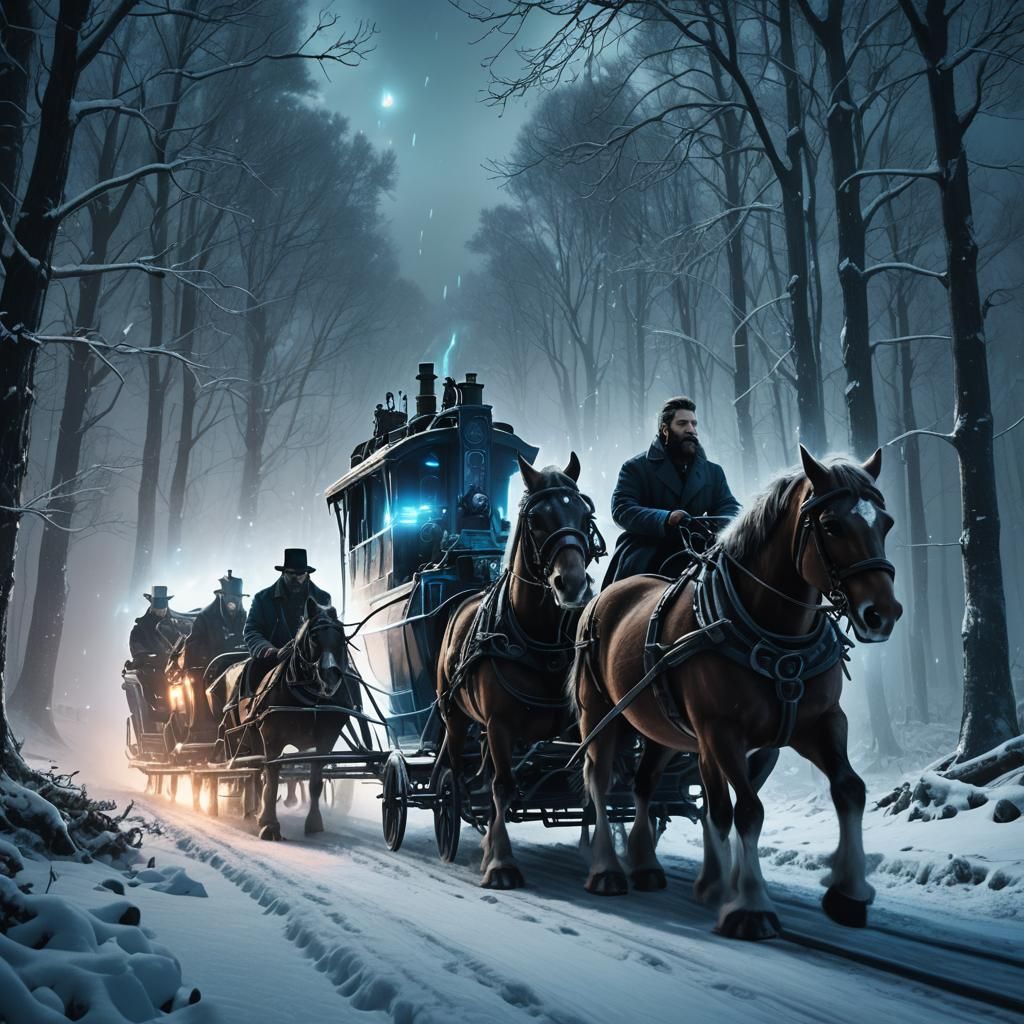 Cyberpunk Sleigh Ride Through Winter Forest