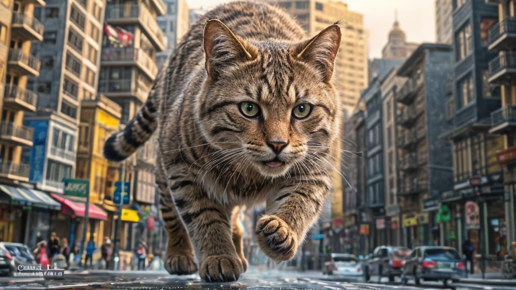 Giant Cat in Miniature City: Hyperrealistic Concept Art
