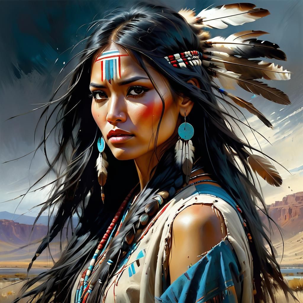 Emotional Native American Woman Portrait in Oil