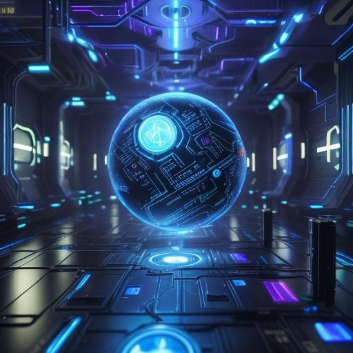 Concept art. Close-up. A basic AI, a glowing blue orb surrou...