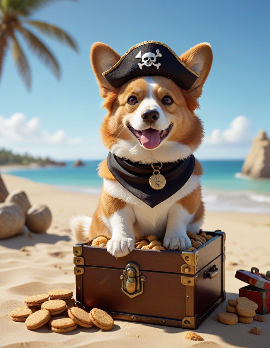 Mischievous Corgi Pirate on Treasure Chest