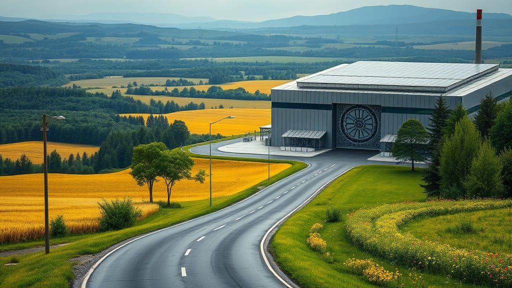 Sleek Modern Factory in Emerald Landscape