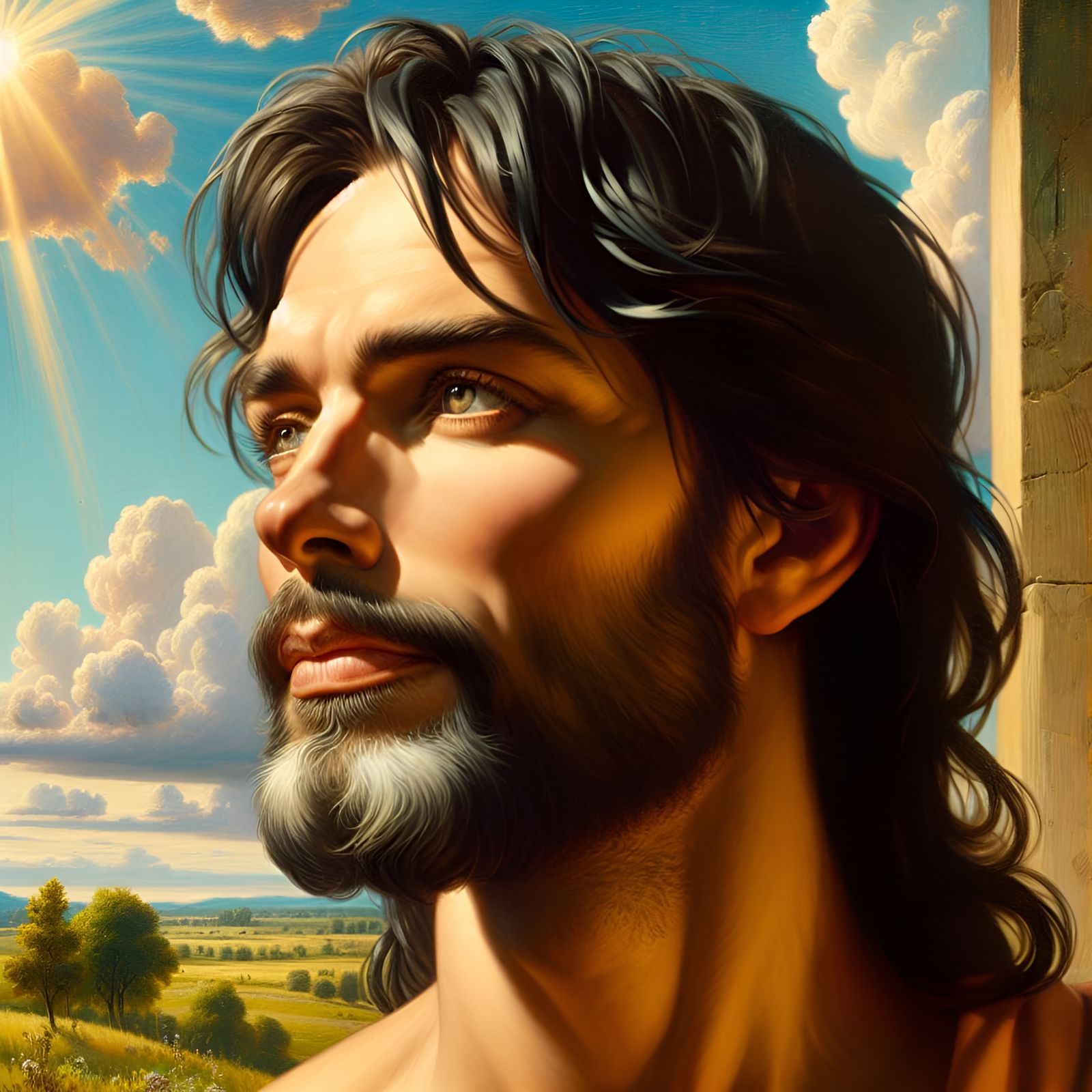 Peaceful Jesus Portrait in Pastoral Landscape, Hyperrealisti...