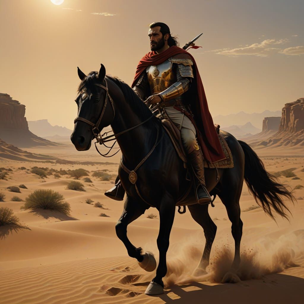 Arab Warrior on Horse in Desert, Digital Painting