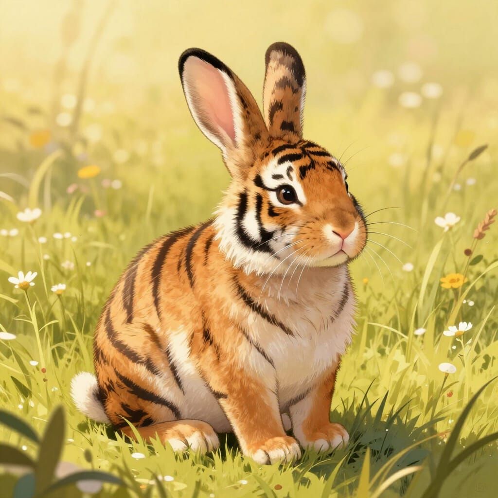 Tiger Bunny in Sunlit Meadow Digital Illustration