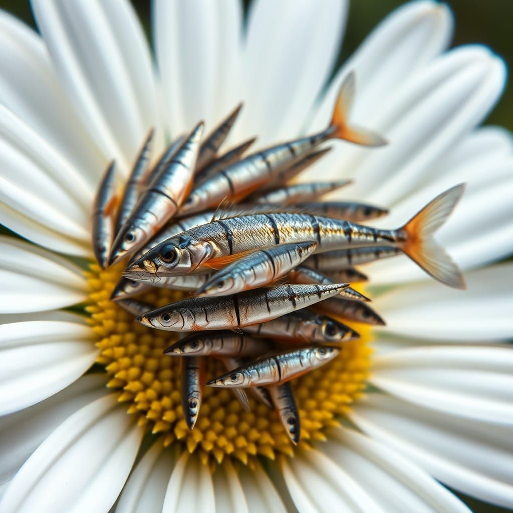 Microscopic shoal of mackeral on a daisy