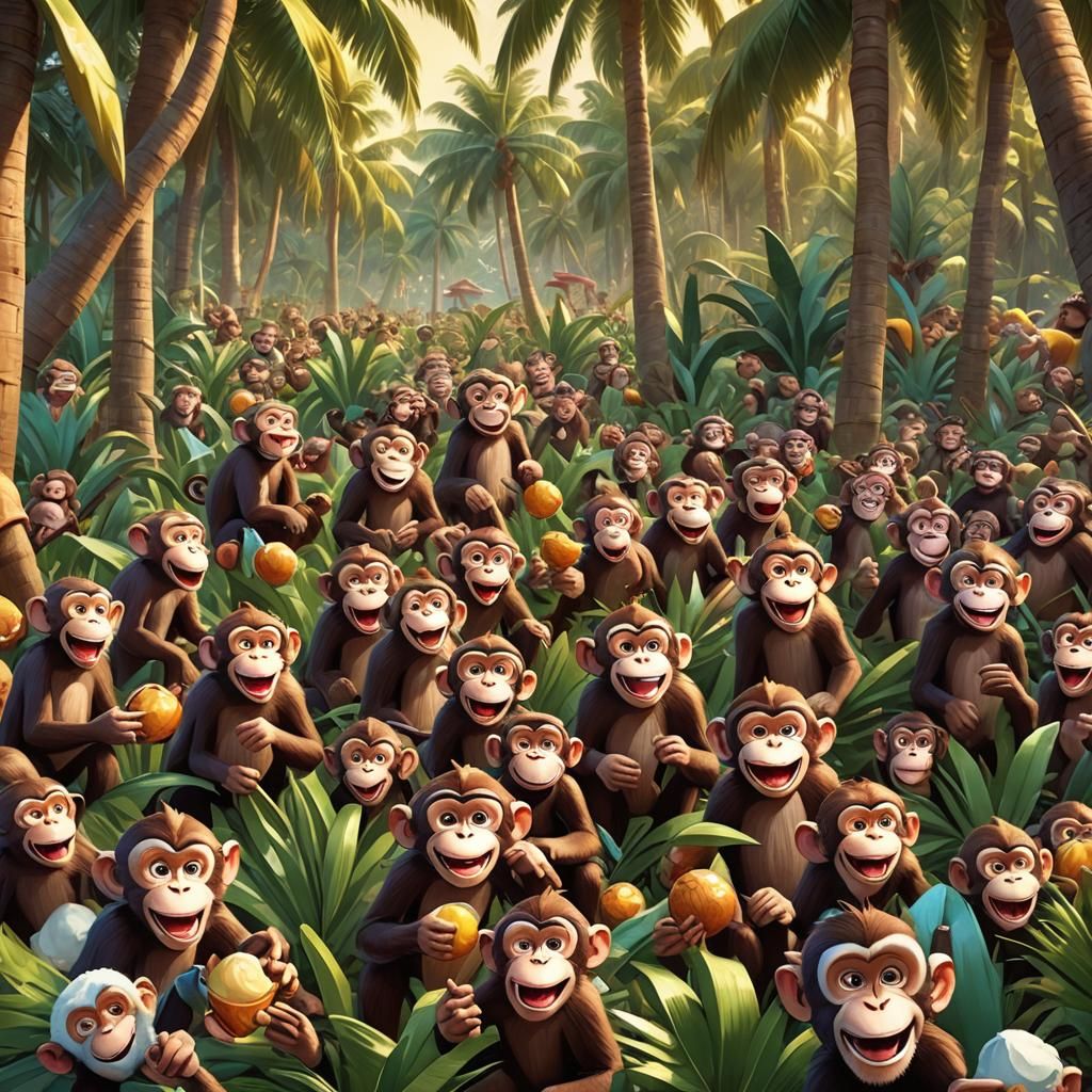 Monkeys Enjoying Palm Grove Feast, Pixar-Style Cartoon