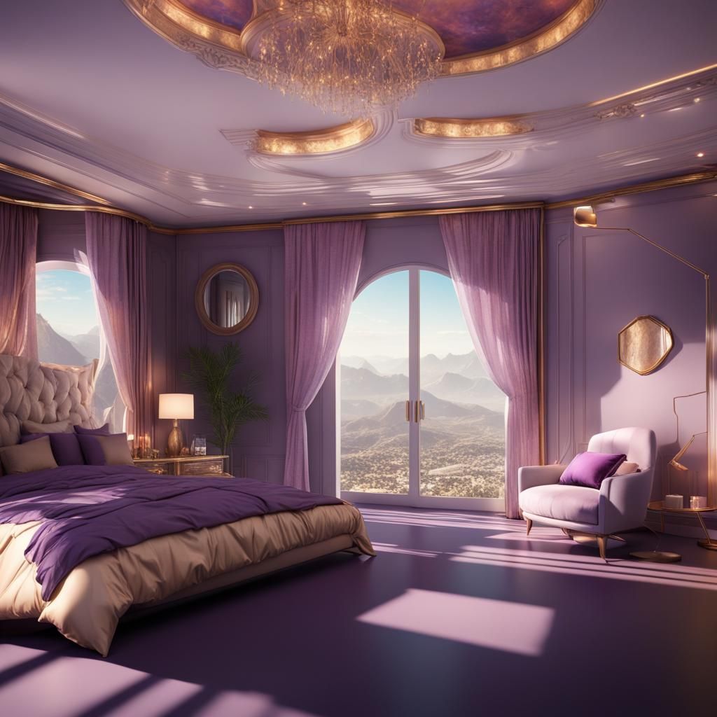 Luxurious bedroom with beautiful view and purple bed huge wi...
