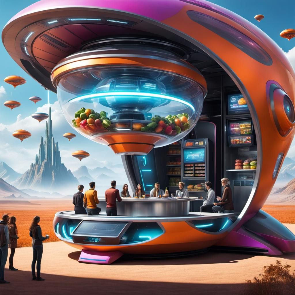 Futuristic Food Hovercraft with Hybrid Quantum People