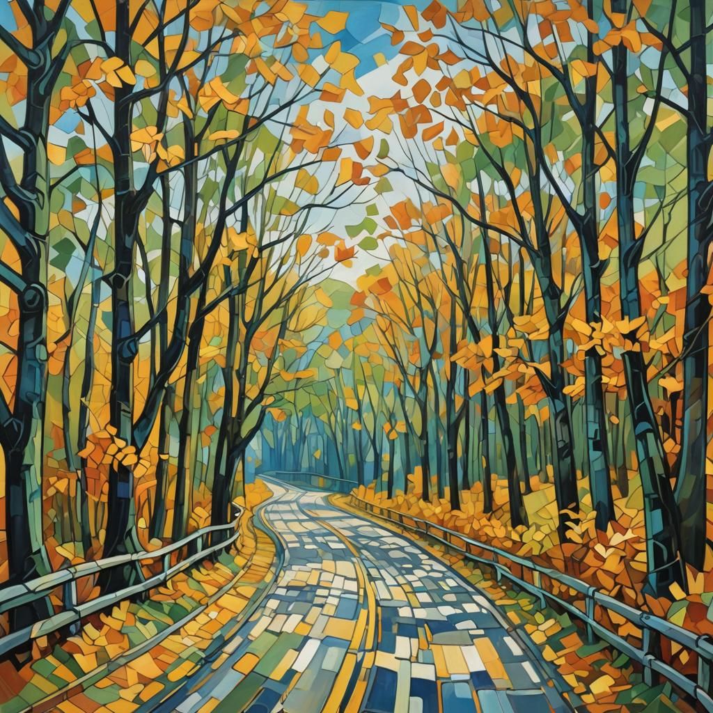 Cubist Landscape with Winding Road in Fauvist Style