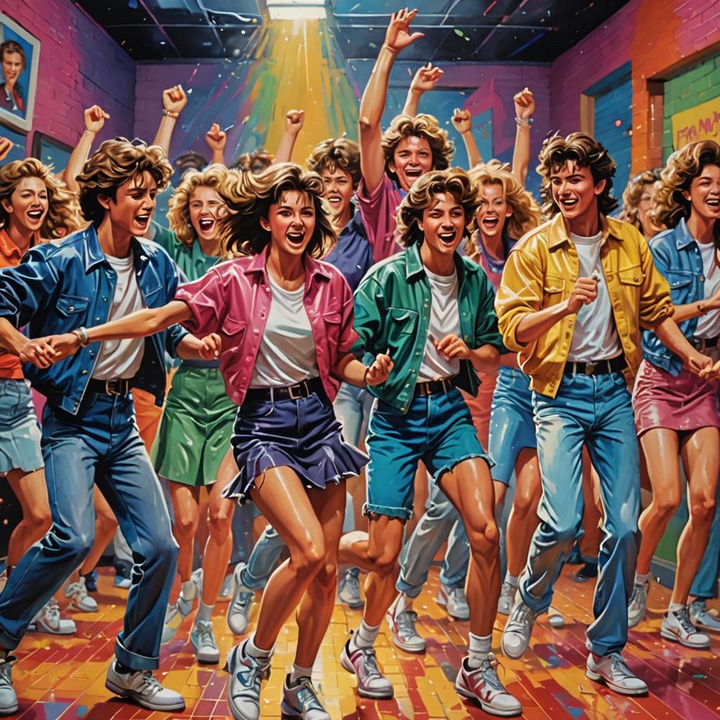 1980s Teens Dancing: Hyperrealistic Splash Art
