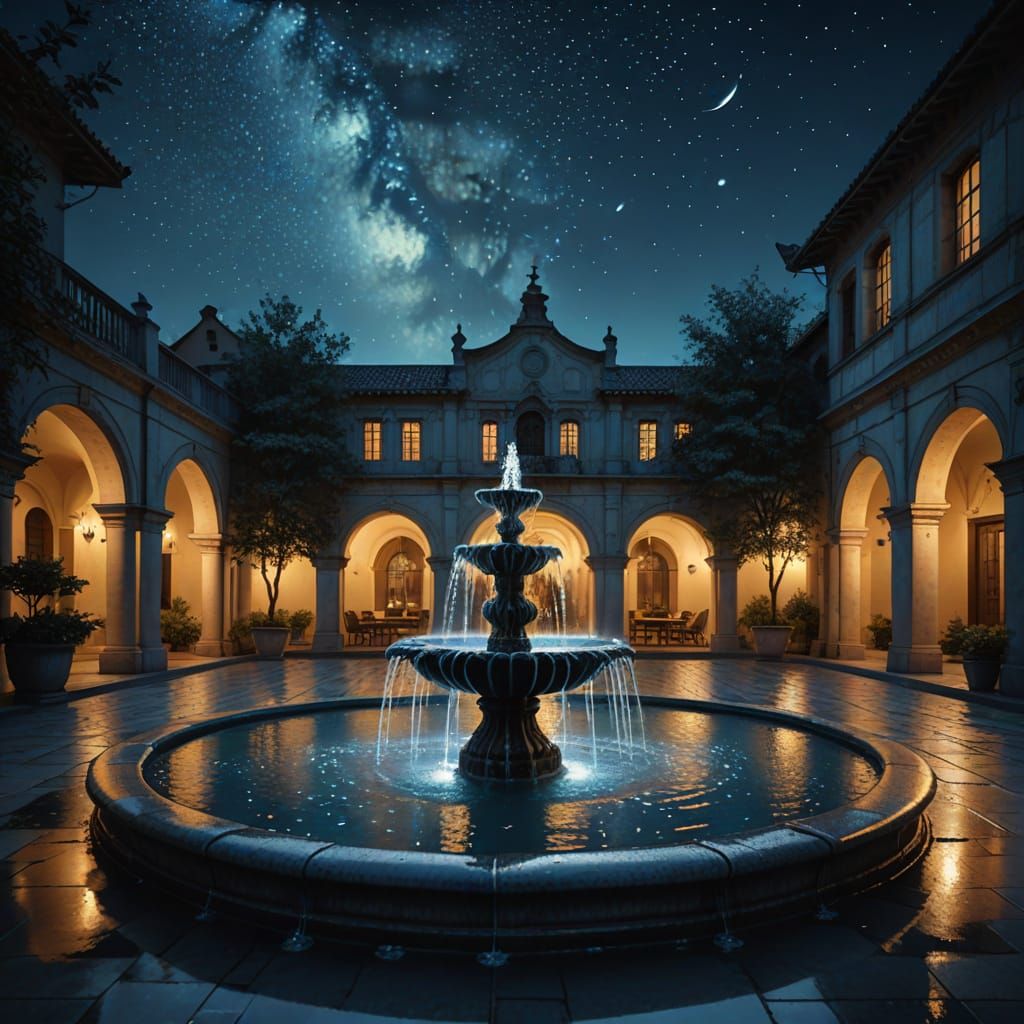 Glowing Fountain in Moonlit Courtyard: Digital Art