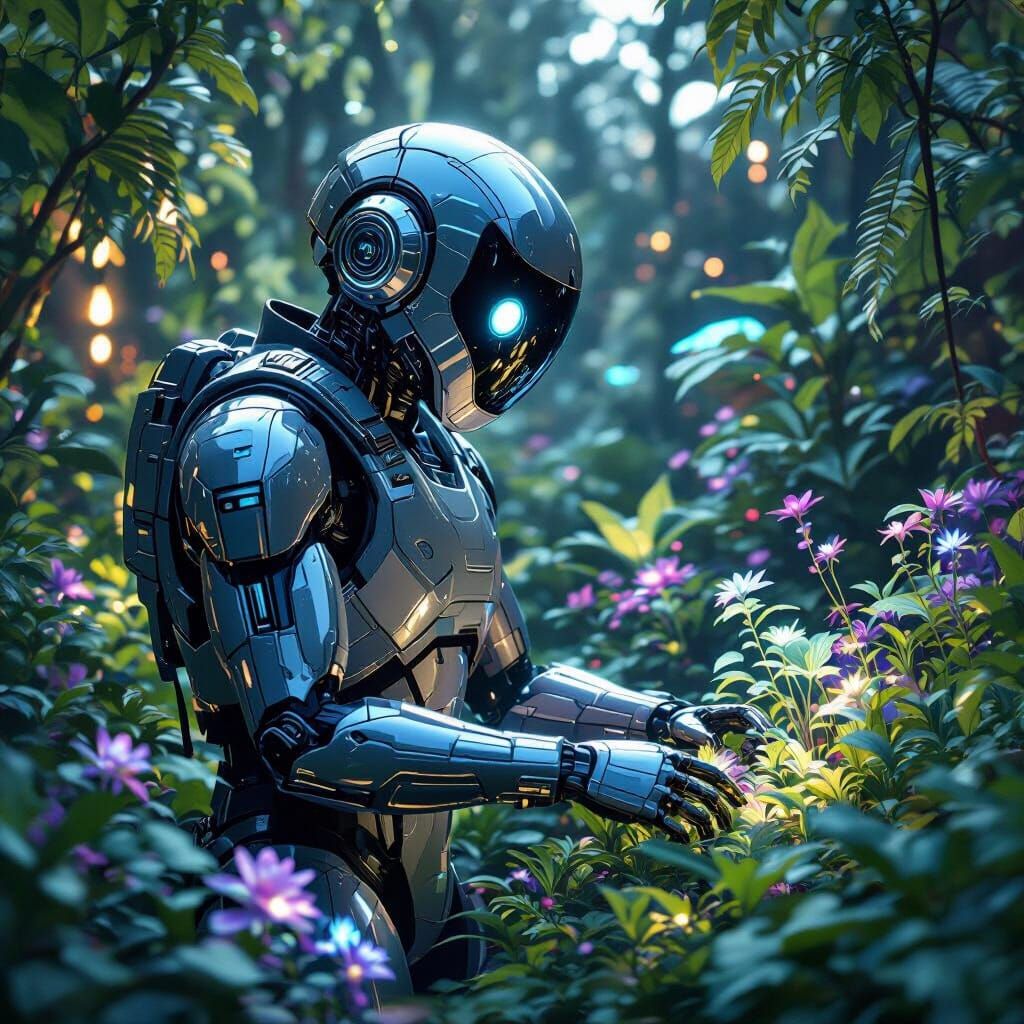 Android Gardener Among Bioluminescent Flora
