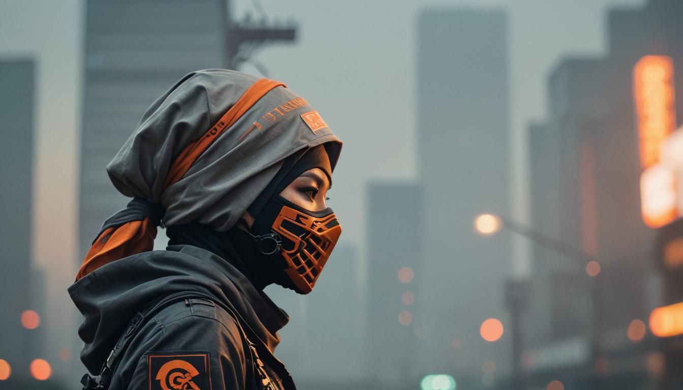 Futuristic Cyberpunk Ninja in Misty Post-Apocalyptic Scene