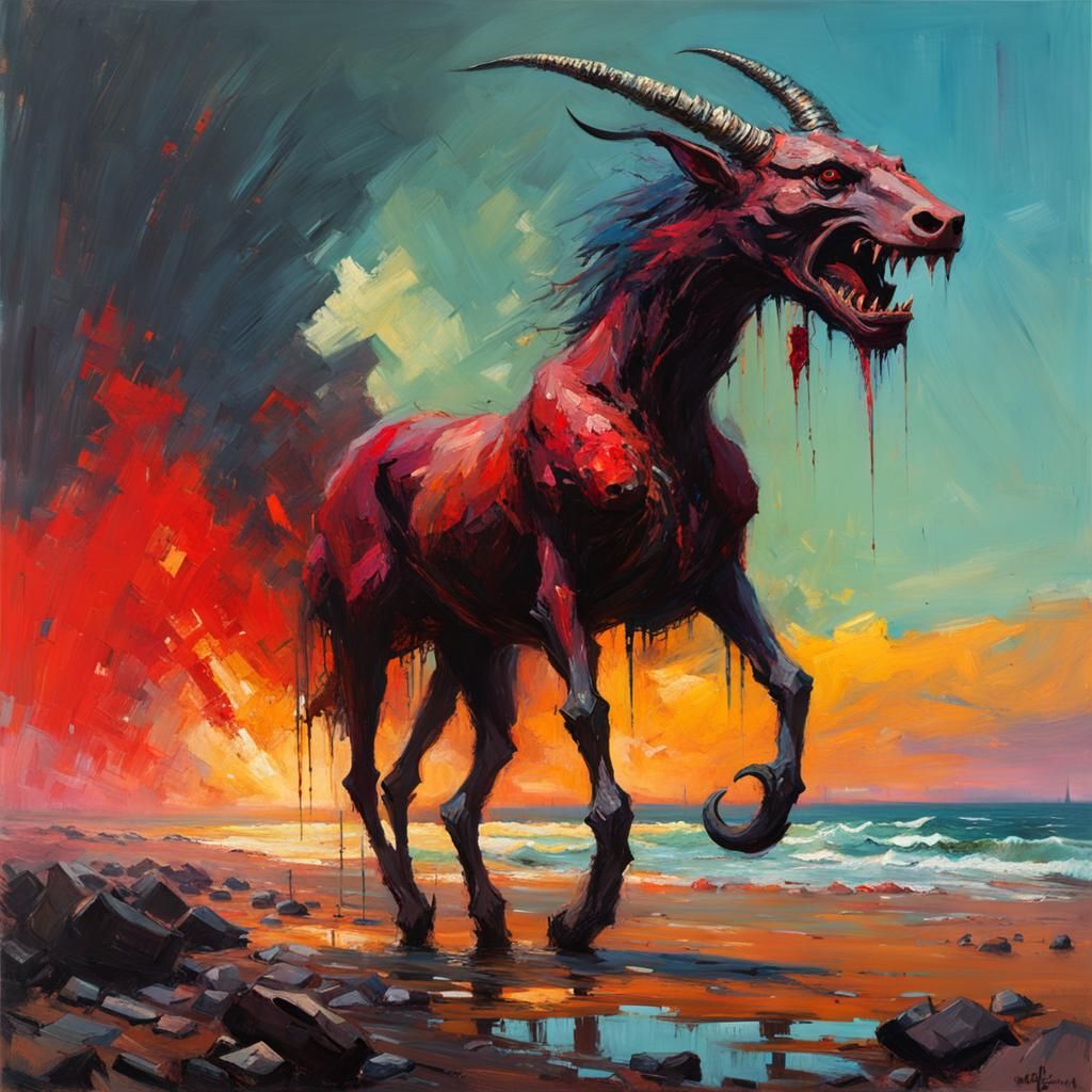 Skinless Nuckelavee on Seashore in Impasto Fauvism Style