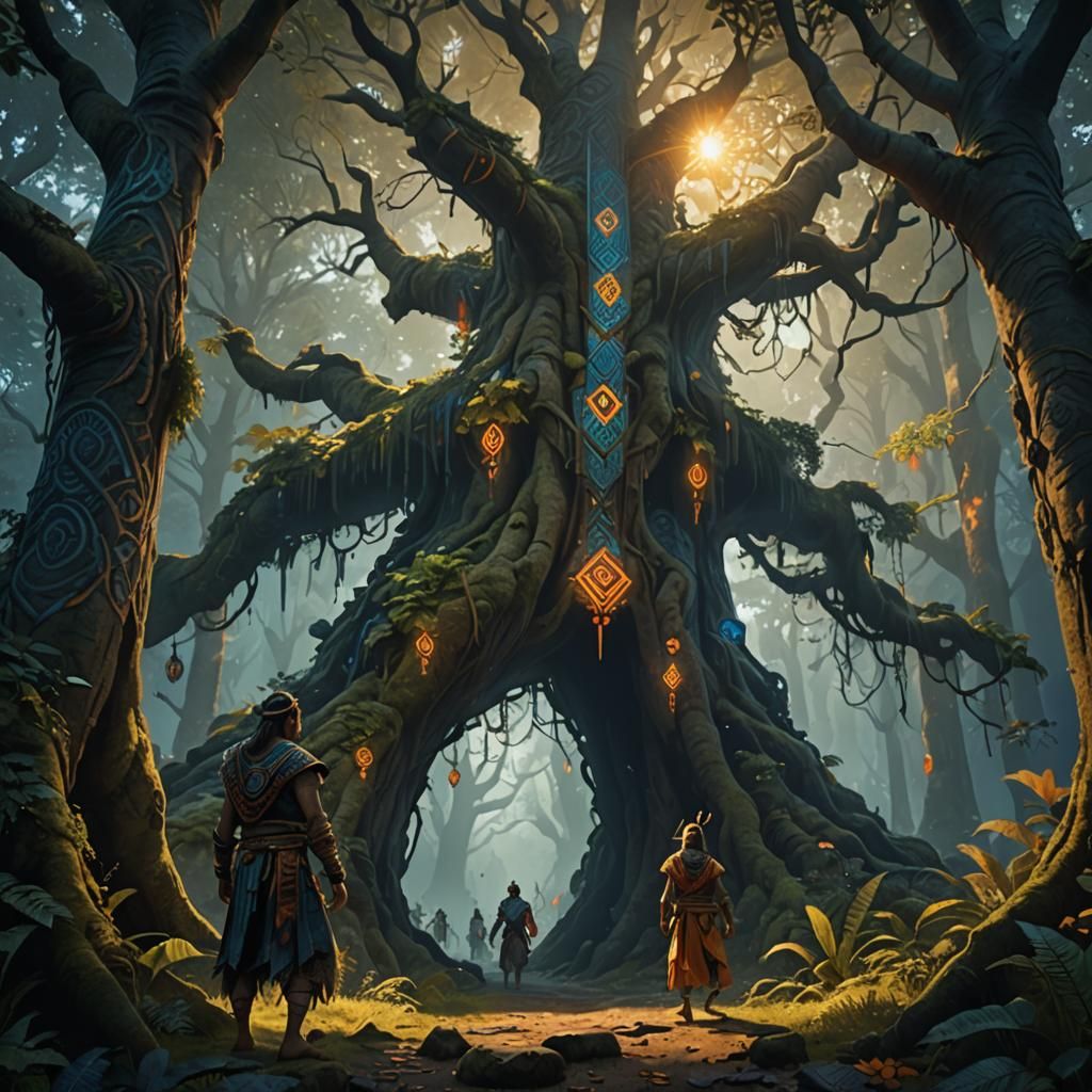 Forest Tribe in Ancient Attire Amidst Mystical Trees