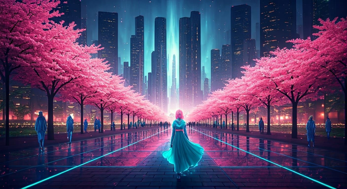 Hyper-Futuristic City: Neon Sakura and Bioluminescent Flora