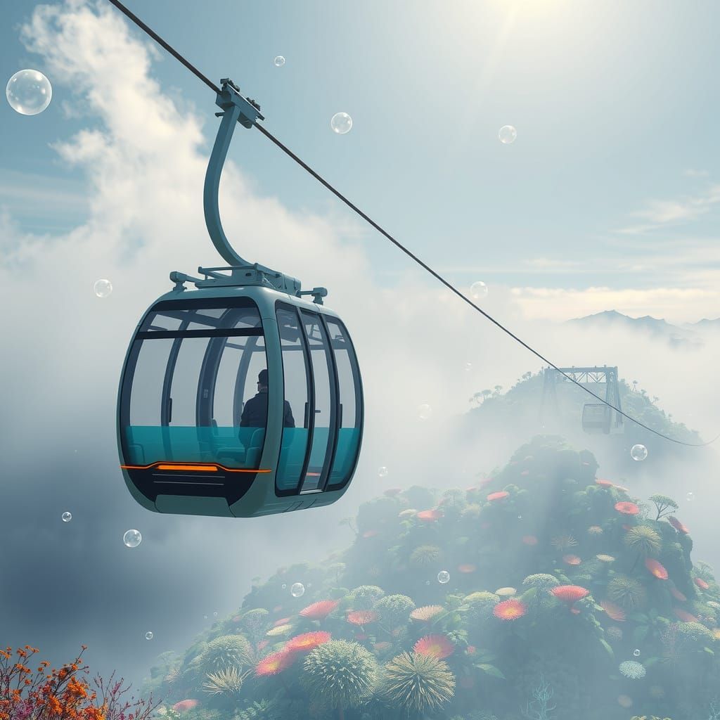 Futuristic Cable Car Ascends Mountain in Frutiger Aero Style