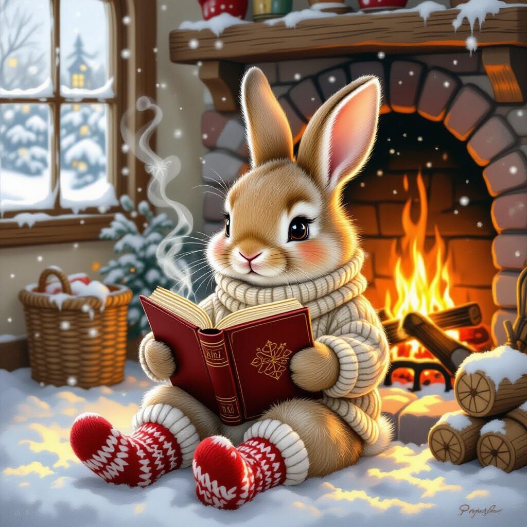 Cozy Rabbit Reading by Fire in Whimsical Style