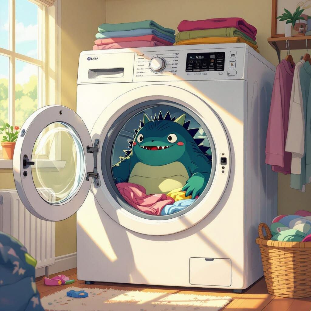 Giant Friendly Monster in Washing Machine Illustration