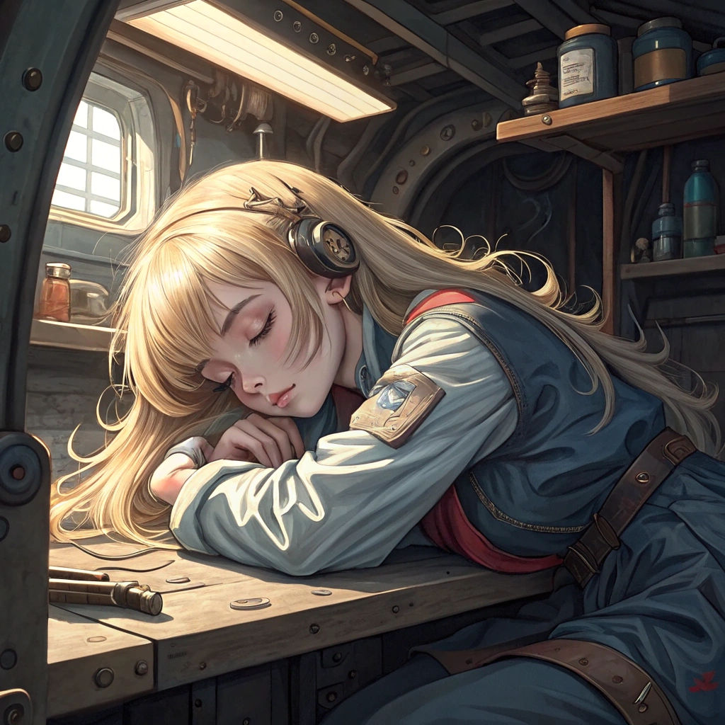 Anime Woman Sleeping in Spaceship Workshop