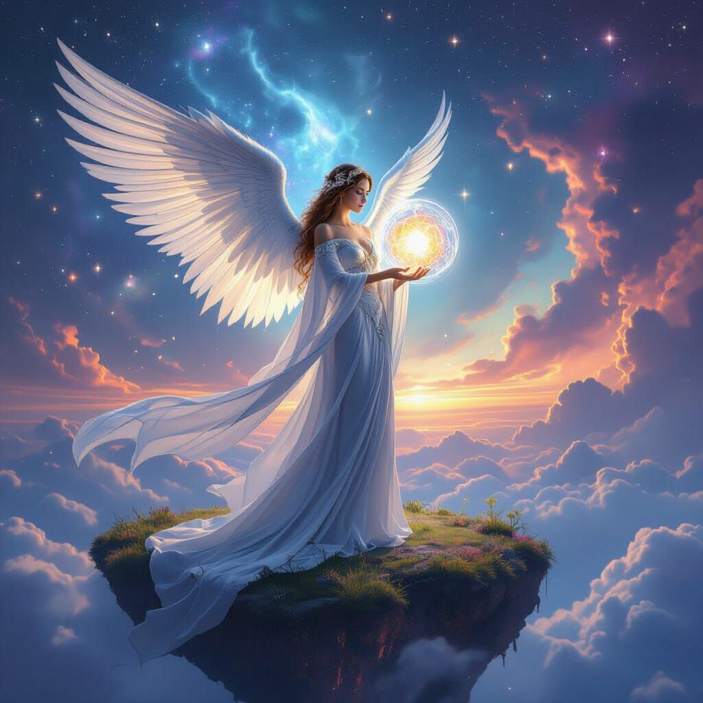 A regal woman with ethereal wings, adorned in flowing silver robes, stands on a floating island amidst a nebula. She hol...