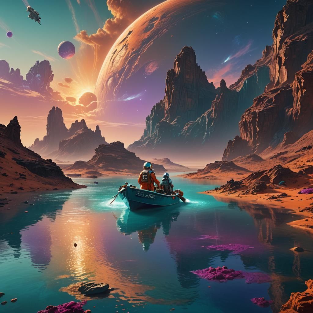 Astronaut on Martian Island at Sunset