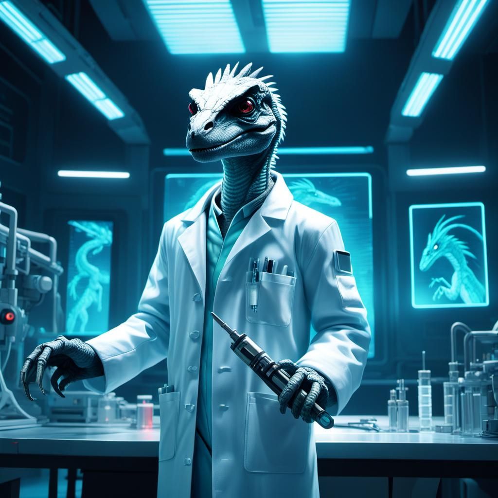 Velociraptor Scientist in Neon Sci-Fi Lab